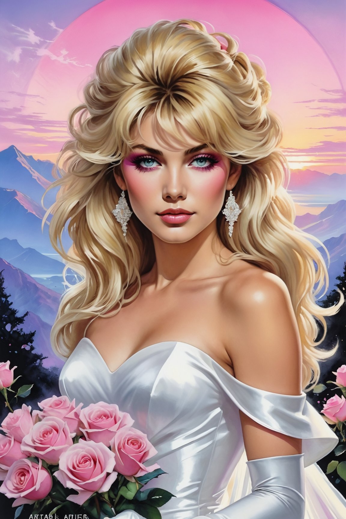 a beautiful blonde woman,  dressed in a white strapless wedding dress,  adorned with white gloves. She is holding a bouque...