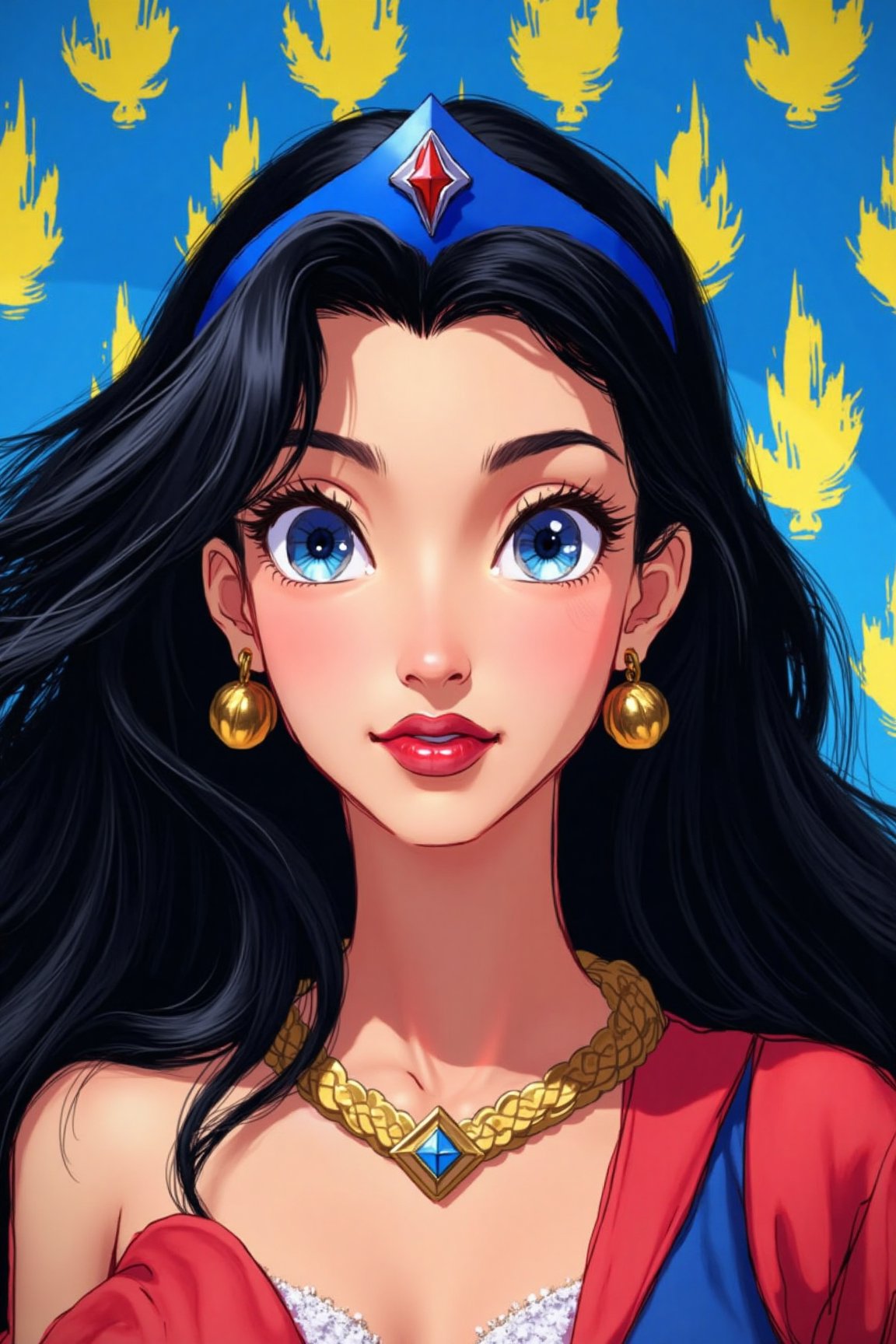 An animated image of a woman with long black hair and a blue crown on her head. She is wearing a red and blue dress with a...