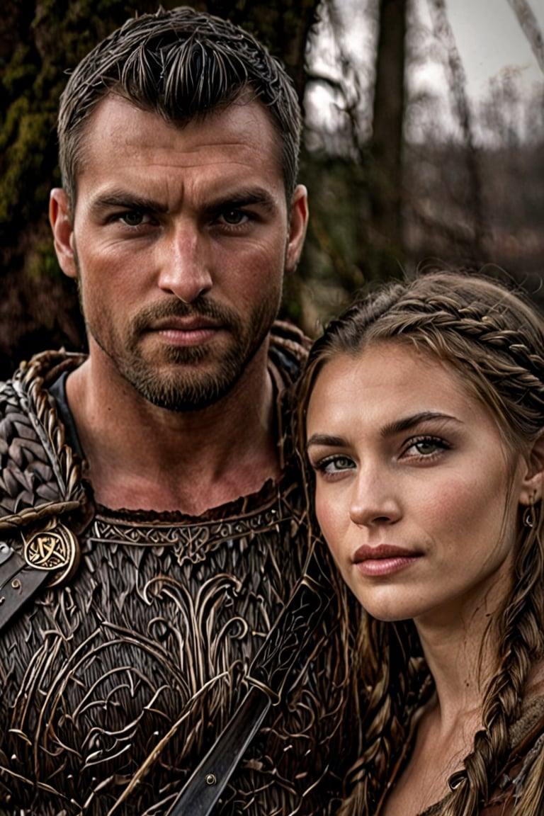 cinematic film still portrait of a handsome male viking warrior with dark brown hair, with a beautiful female viking, detailed eyes, shallow depth of field, cinemascopic, vignette, highly detailed, high budget Hollywood film, moody, epic, gorgeous, Mfxl,