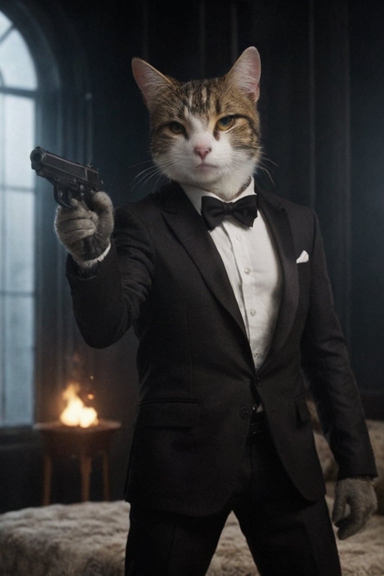 cinematic photo of a cat anthropomorphic humanoid body, movie poster, dressed as 007 james bond with gun, high detail, hyper realistic. 35mm photograph, film, bokeh, professional, 4k, highly detailed, Cnd