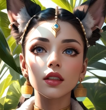 Anubis_Citron_OC, photorealistic,{(((ear)))},1female, large blue eyes gazing at the viewer, red full glossy round lips, mouth agape,  motion of jumping, dappled light, silky long pigtails in the wind , close up , detail, highest quality, jade bangles, jade talisman 