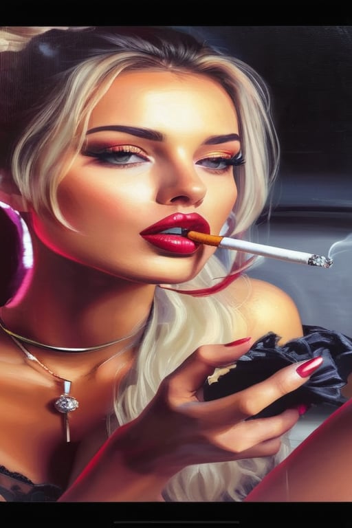 sexy young girl with big red glossy lips smoking a cigarette 
