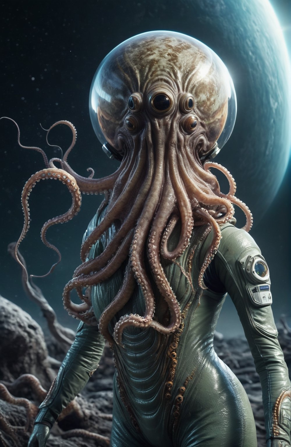 full-body,  a beautiful astronaut with no helmet on,  there is a small Alien octopus-like creature on her back with its te...