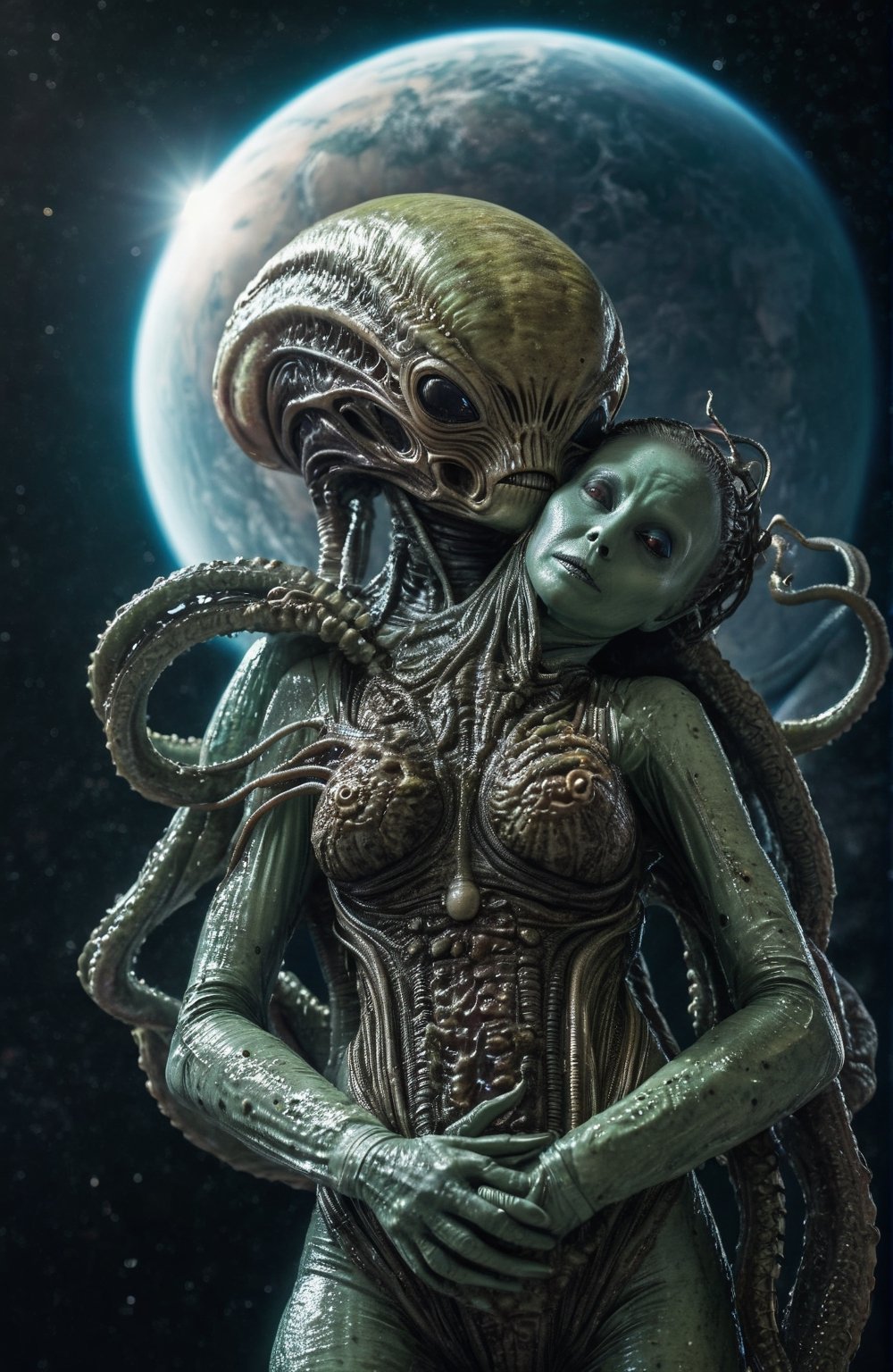 full-body,  a 6inch tall alien is choking a woman in a space suit with his tentacles,  (highly detailed close photography)...