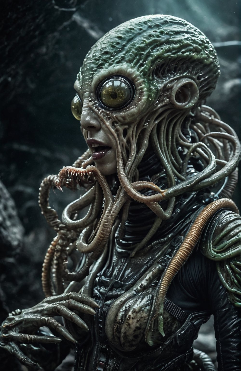 full-body,  a very small Lovecraft alien is on a womans face choking her with tentacles,  she is in a space suit by user_c...