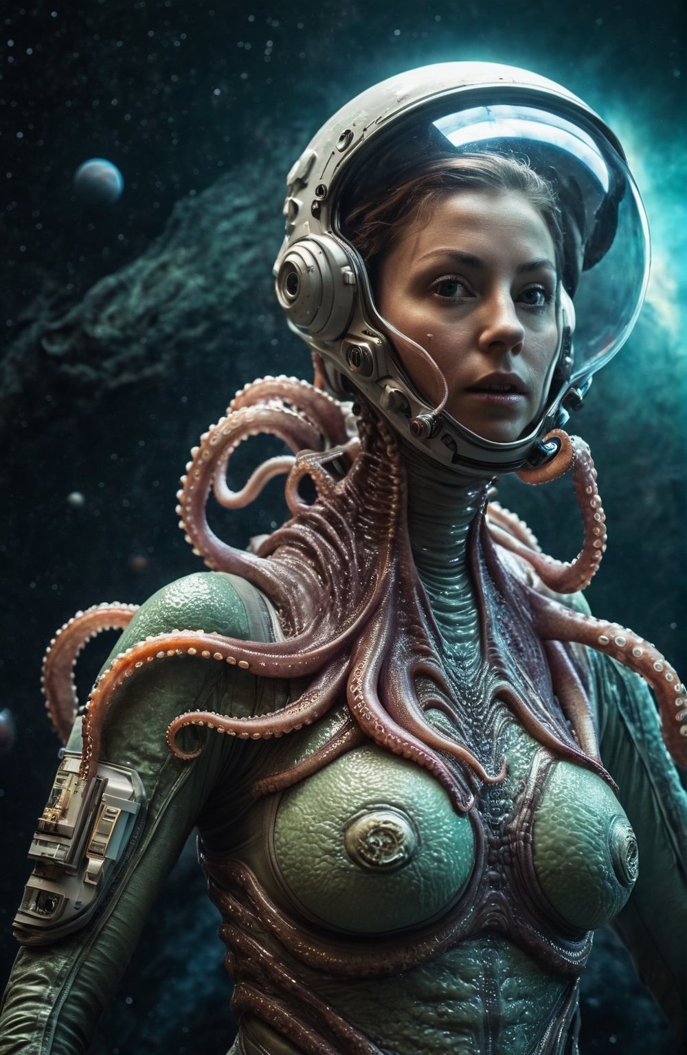 full-body,  a beautiful astronaut there is a small octopus-like Alien creature on her shoulder with its tentacles around h...