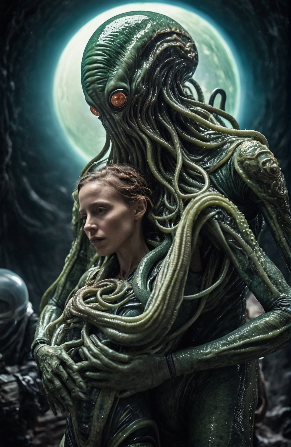full-body,  a very small Lovecraft alien is choking a human woman in a space suit with his tentacles while on her shoulder...