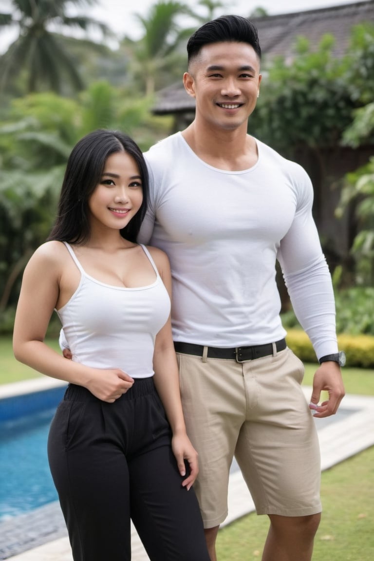 married couple 1guy and 1girls

guy, wearing trousers and a long-sleeved white shirt, standing, smiling,muscle,short black hair, indonesian face,

girl, wearing black shorts, camisole,big breast, cleavage,sexy body, indonesian face,.long black hair,

background.front yard

full body view