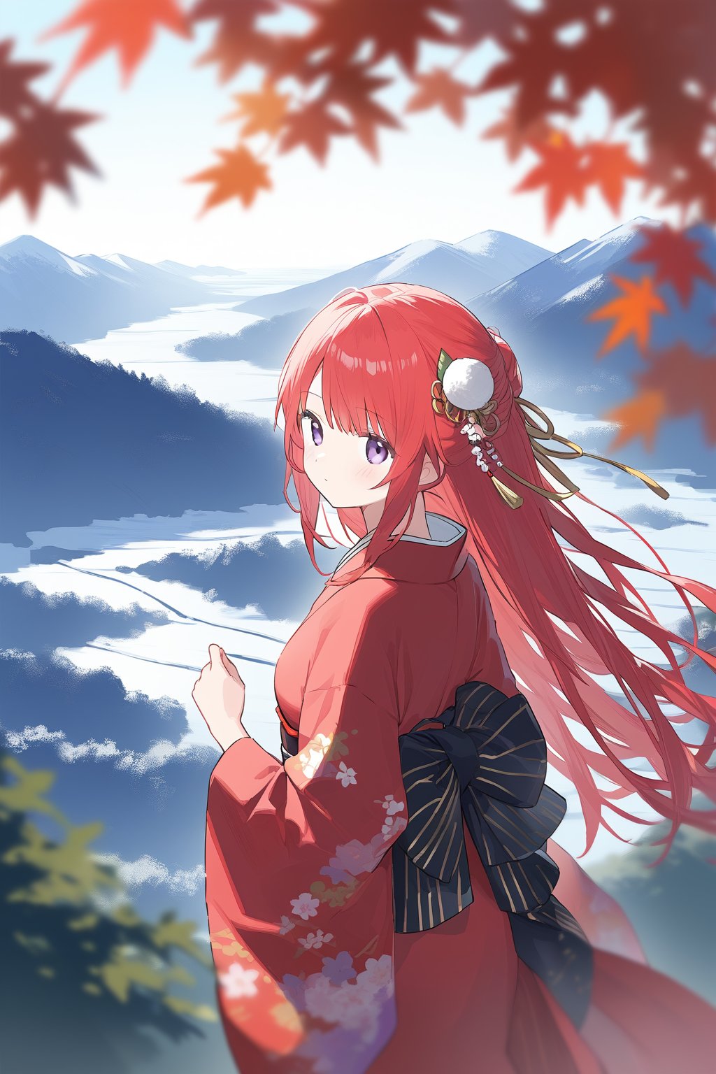 1girl,red hair,purple eyes,furisode,blurry,blurry_foreground,blurry_leaf,landscape,from_above,cowboy_shot,long hair