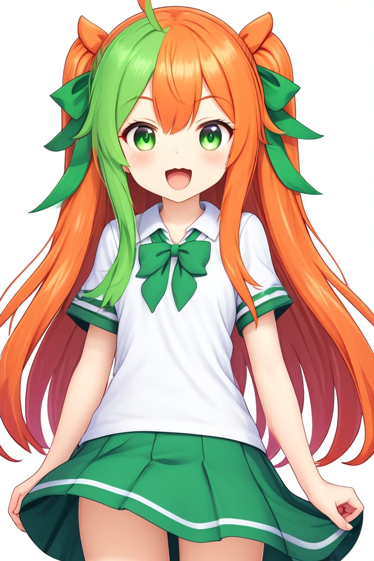 最佳质量,杰作,高质量,1girl, long_hair, solo, green_eyes, orange_hair, smile, open_mouth, ahoge, multicolored_hair, looking_at_viewer, green_hair, streaked_hair, skirt, :d, very_long_hair, blush, bangs, character_profile, detached_sleeves, ribbon, long_sleeves