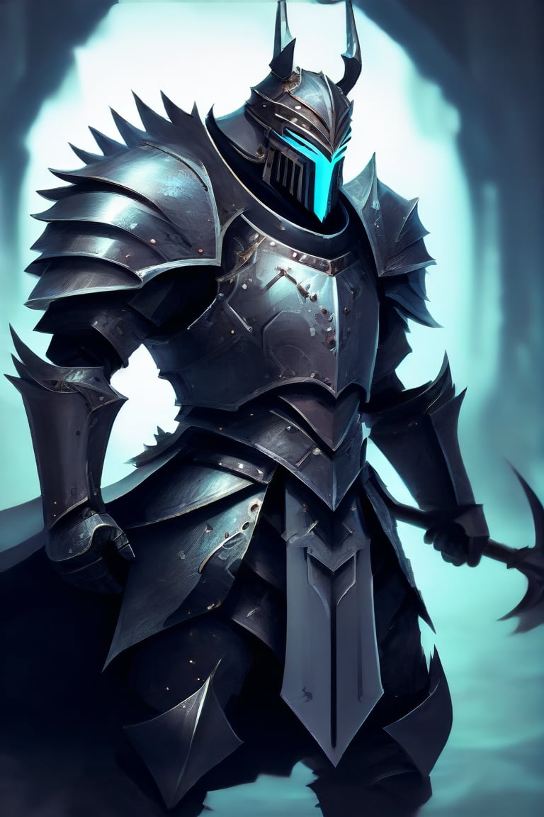 The image depicts a fantastical armored figure, likely representing a character from a medieval or fantasy setting. The armor is detailed with spikes and sharp edges, suggesting a warrior or knight of high status or power. The helmet's design, featuring a prominent horn-like structure, adds to the regal or intimidating aspect of the character. The color scheme is predominantly dark with metallic highlights, emphasizing the armor's heavy and formidable nature. The background is subdued, allowing the armored figure to be the central focus. This type of imagery is often associated with video game characters, fantasy literature, or role-playing games where such figures are common.