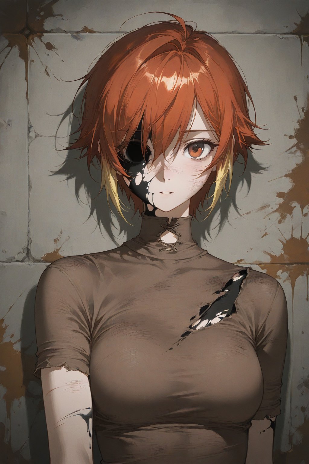 "A haunting portrait of a person's face,  partially obscured by cracks and peeling paint textures,  blending into a distre...