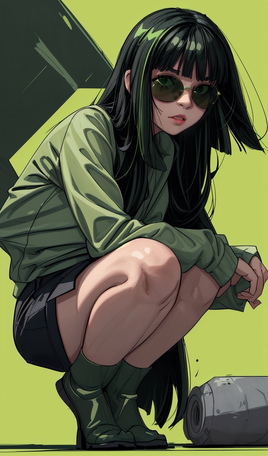 A girl with long black hair and straight bangs, wearing green sunglasses, squats on the ground and looks at the camera. The background is pure green, movie lights, bright colors and strong contrast.