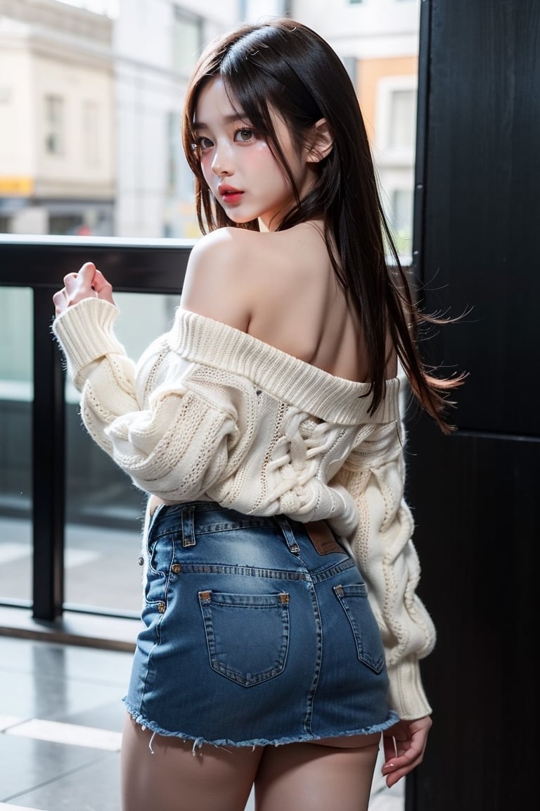 Hanni(newjeans), Hanni, nose blush, tousled hair, large breasts, bright pupils, green eyes, Brown_hair, the most beautiful image I have ever seen, Shader, volume rendering, Realism, kpop idol, Jean mini skirt, Sweater, show one shoulder,Cowboy shot, obese, random pose
,back view