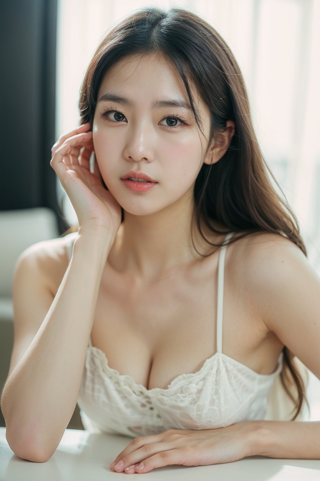 (Best quality, 8k, 32k, raw photo, photorealistic, UHD:1.2),lifelike rendering, A beautiful Korean woman in her 20s, in white studio,