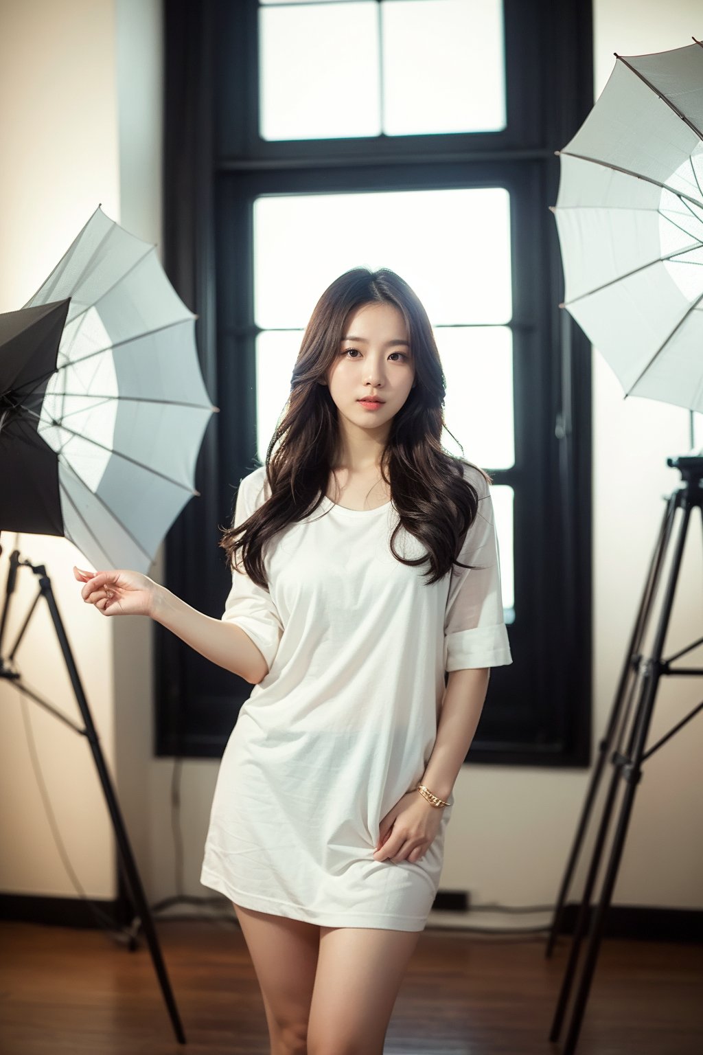 (Best quality, 8k, 32k, raw photo, photorealistic, UHD:1.2),lifelike rendering, A beautiful Korean woman in her 20s, in white studio,