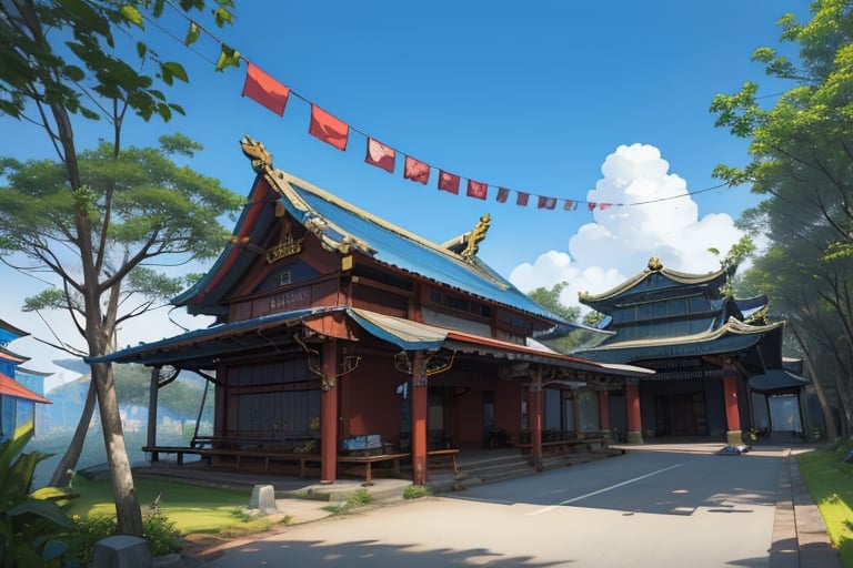 landscape, buildings, taiditional Taiwanese village, (Taiwanese temple, Hokkien architecture, Chien-nien), Southern Min building, trees, East Asia, vintage, historical, heritage, Lukang Longshan temple, Taiwan, trational, temple, tile roof, upward curve ridge roof, blue sky, perfect proportions, perfect perspective, 8k, masterpiece, best quality, photorealistic