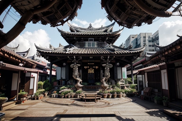 landscape, cityscape, buildings, taiditional Taiwanese village, narrow city, (Taiwanese style temple focus:1.3), (Hokkien architecture, Chien-nien), Southern Min building, trees, East Asia, vintage, historical, heritage, Lukang Longshan temple, Taiwan, trational, temple, tile roof, wide roof, upward curve ridge roof, blue sky, perfect proportions, perfect perspective, 8k, masterpiece, best quality, high_resolution, high detail, photorealistic