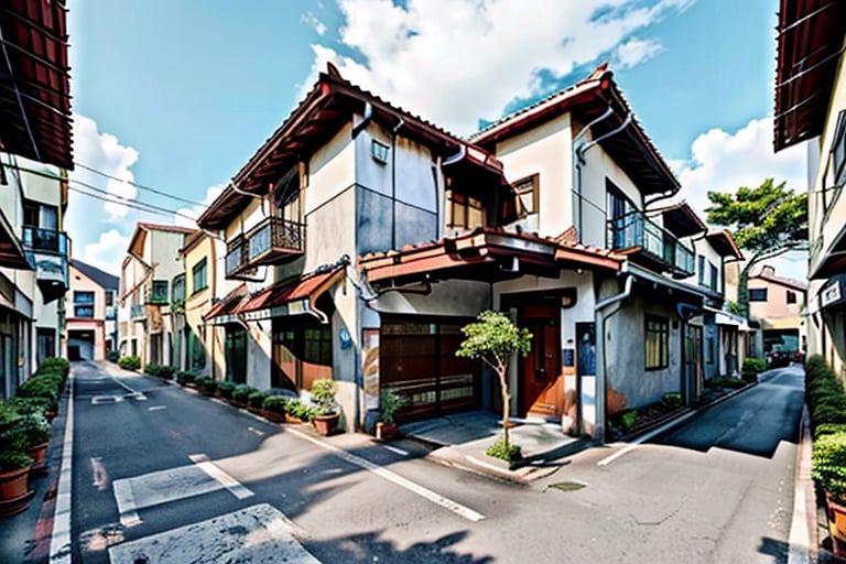 landscape, cityscape, buildings, taiditional Taiwanese village, narrow city, historical three-story shophouses, townhouse, tenement houses, facade, pedestrian arcade, Dadaocheng, (Taiwanese style temple focus), (Hokkien architecture:1.3), (Chien-nien, Qianci), Southern Min building, trees, East Asia, Taiwan, vintage, historical, heritage, Lukang Longshan temple, trational, temple, orange-red tile roof, wide roof, upward curve ridge roof, blue sky, perfect proportions, perfect perspective, 8k, masterpiece, best quality, high_resolution, high detail,Chinese Style,metal steel building