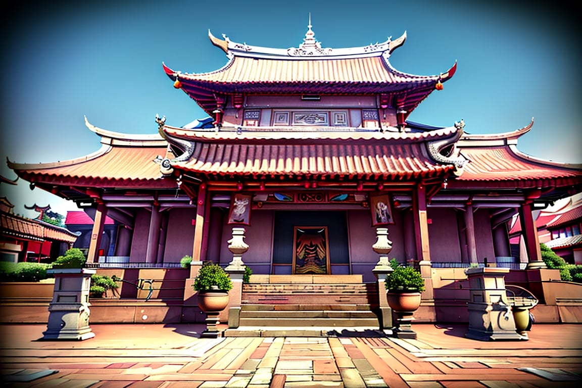 architecture, landscape, scenery, east asian architecture, court, atrium, (Taiwanese temple, Hokkien architecture, Southern Min architecture) East Asia, vintage, historical, heritage, trational, ancient, wooden structure,  (orange tiled roof, upward curve ridge roof), best quality, masterpiece, <(realistic:1.3), intricate details>, 8k, RAW photo, scenery, (hdr:1.25), (intricate details:1.14), (hyperrealistic 3d render:1.16), (filmic:0.55), (outdoor:1.5), multiple temples, historical old cityscape, subtropical environment, rustic, stone base, brick wall, moon gate, cyber_asia