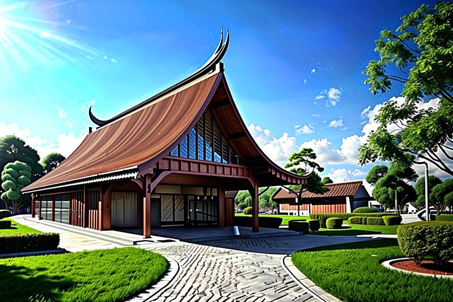 landscape, buildings, taiditional Taiwanese village, (Taiwanese temple, Hokkien architecture, Chien-nien), Southern Min building, trees, East Asia, vintage, historical, heritage, Lukang Longshan temple, Taiwan, trational, temple, tile roof, upward curve ridge roof, blue sky, perfect proportions, perfect perspective, 32k, masterpiece, ultra realistic, best quality, hyperrealistic, photorealistic, madly detailed photo,  ,FFIXBG