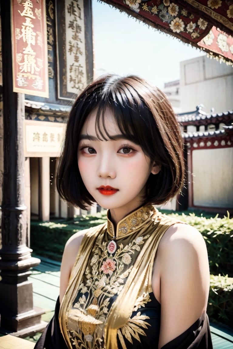 A beautiful glamorous photograph portrait of silent film star asian woman, 1920s, stardom, (flapper girl, modan garu, Taishō Roman, bob hair), looking at viewer, eye contact, vibrant, vivid, background of fabric with black&gold&tan art-deco abstract geometric flowers, photography, old Technicolor film style, film grain, aged film stock, insanely detailed, masterpiece, extraordinary achievement, absolute realism, extremely realistic, award-winning, 8K, 9K, Art Deco,art_deco_fusion,Historical Taiwanese Temple