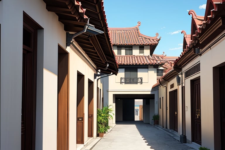 landscape, cityscape, buildings, taiditional Taiwanese village, narrow city, historical three-story shophouses, townhouse, tenement houses, facade, pedestrian arcade, Dadaocheng, (Taiwanese style temple focus), (Hokkien architecture:1.3), (Chien-nien, Qianci), Southern Min building, trees, East Asia, Taiwan, vintage, historical, heritage, Lukang Longshan temple, trational, temple, orange-red tile roof, wide roof, upward curve ridge roof, blue sky, perfect proportions, perfect perspective, 8k, masterpiece, best quality, high_resolution, high detail