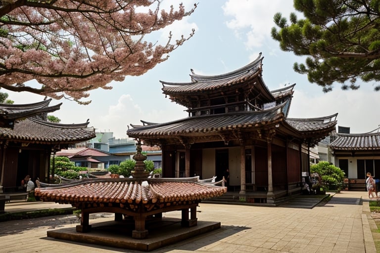 architecture, landscape, scenery, east asian architecture, Lukang Longshan temple, (Taiwanese temple, Hokkien architecture, Southern Min architecture) East Asia, vintage, historical, heritage, trational, ancient, wooden structure, orange tiled roof, upward curve ridge roof, trees