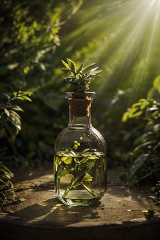 high detailed,  ultra-detailed botanical bottle. resemblina a precious dem discovered in areen leaves,  with a round class...