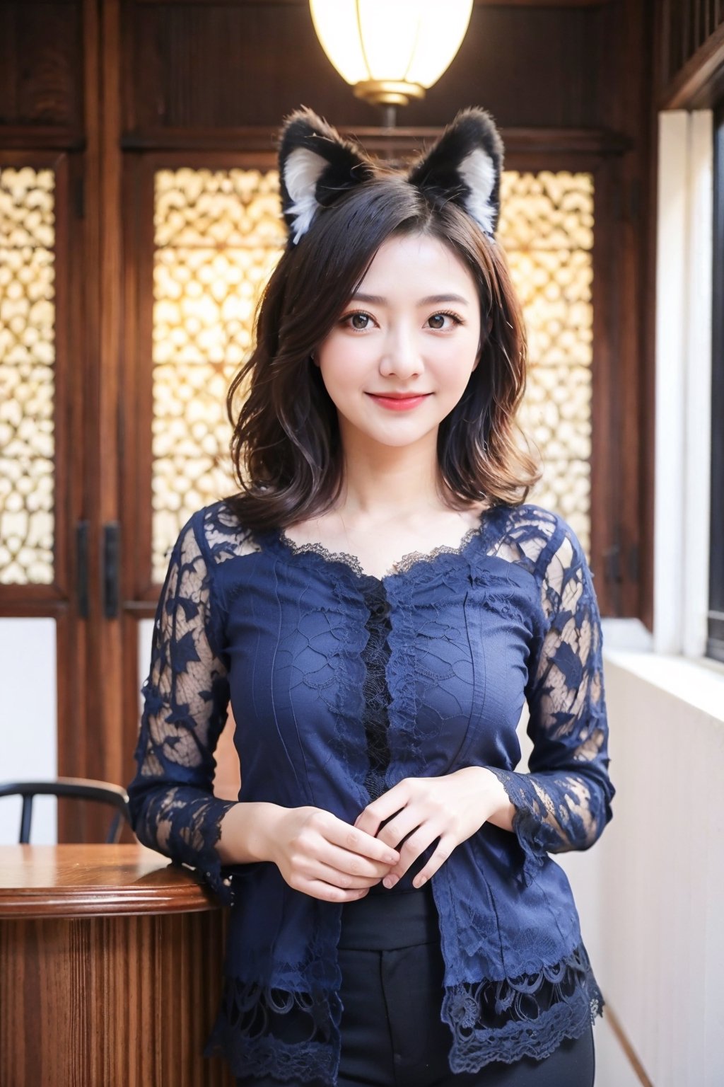 18 years old woman, short wavy hair, smile, kebaya, (lace blue gold blouse:1.2), medium breast, upper body, (indoor), cat ear,kebaya,blouse