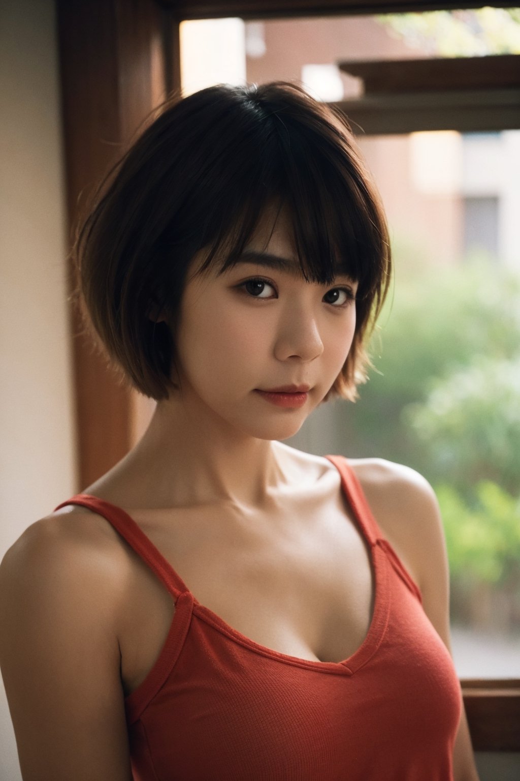 raw photo, Chinese woman, pretty face,  short hair, tank top, jacket,  upper body,
hallway, window, sunray, Bokeh, analog, film