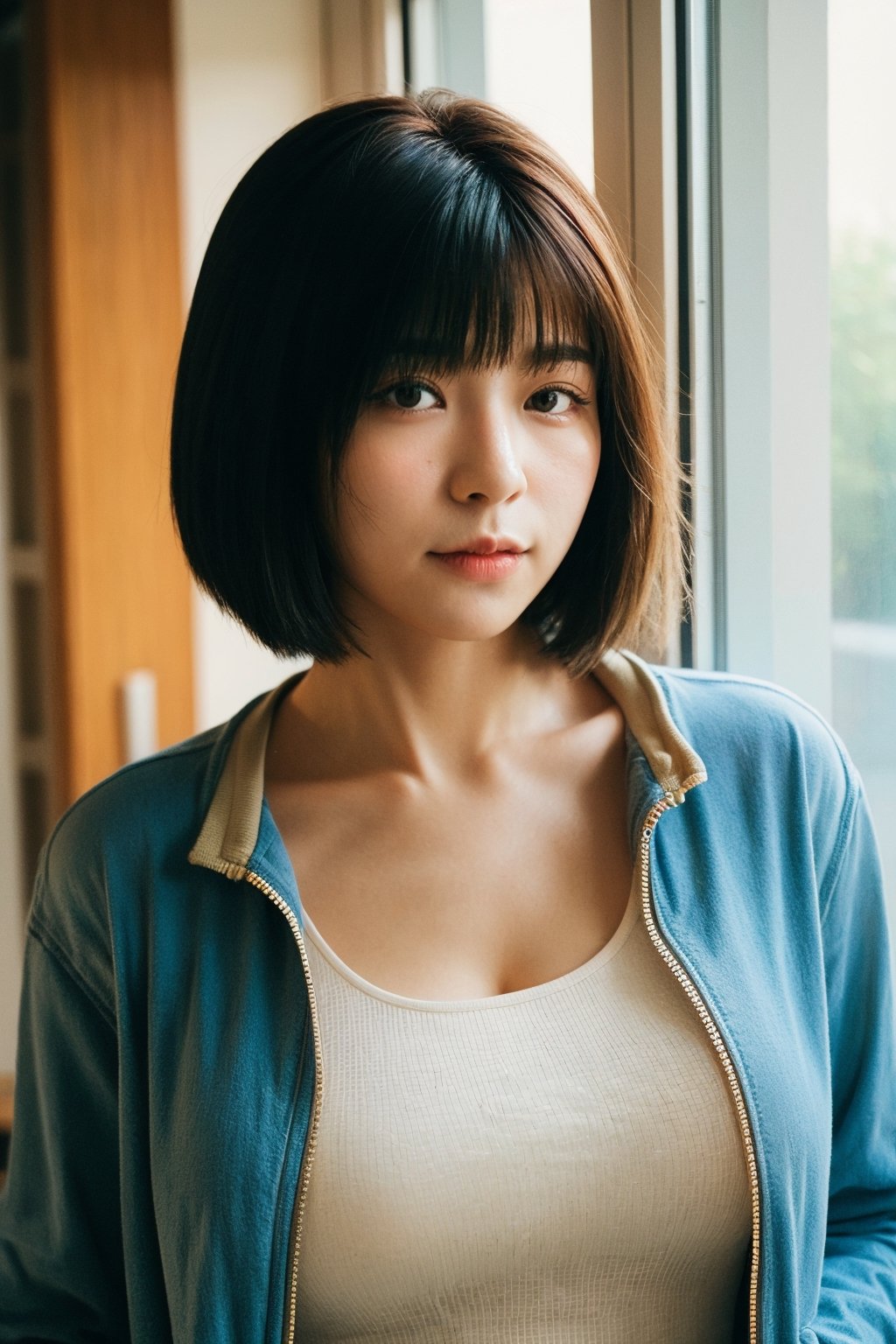 raw photo, Chinese woman, pretty face,  short hair, tank top, jacket,  upper body,
hallway, window, sunray, Bokeh, analog, film