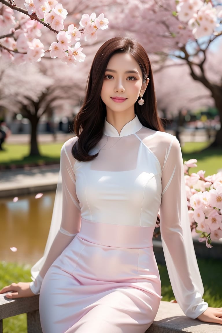 1 girls, vietnamese girls in white aodai dress, 25 years old, beautifull, standing in the garden of japanese cherry blossoms in full bloom, catchy eyes, oval-shaped face, captivating almond eyes with subtle double eyelids, arched eyebrows, petite nose sits above soft, heart-shapped lips painted in a subtle shade of pink, slim body, perfect body, masterpiece, inviting smile exuding confidence, elegance and charm synonymous with South Korean beauty standards, professional photography, depth in field, high quality ,Extremely Realistic, realisim JeeSoo, wearing light pink and purple one piece dress