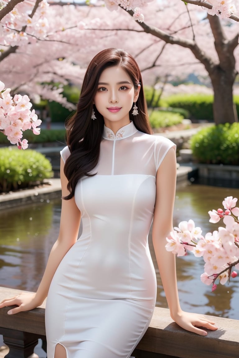 1 girls, vietnamese girls in white aodai dress, wet, rain, nude, sexy, 25 years old, beautifull, standing in the garden of japanese cherry blossoms in full bloom, catchy eyes, oval-shaped face, captivating almond eyes with subtle double eyelids, arched eyebrows, petite nose sits above soft, heart-shapped lips painted in a subtle shade of pink, slim body, perfect body, masterpiece, inviting smile exuding confidence, elegance and charm synonymous with South Korean beauty standards, professional photography, depth in field, high quality ,Extremely Realistic, realisim JeeSoo, wearing light pink and purple one piece dress