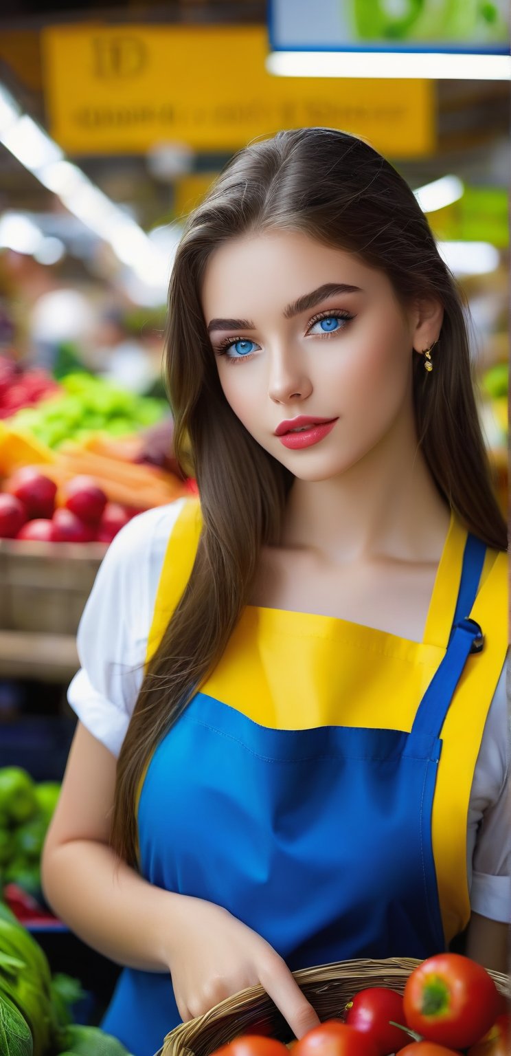 A very beautiful European woman, 17 years old, long hair, blue eyes, wearing a necklace and bracelet. She is wearing a clerk's apron. She is in a crowded vegetable market. He is a marketer in the vegetable and fruit market. He sells fruit. UHD resolution, detailed details, wide-angle shooting. Provocative look, wet lips, eager look of desire, very wide perspective angle