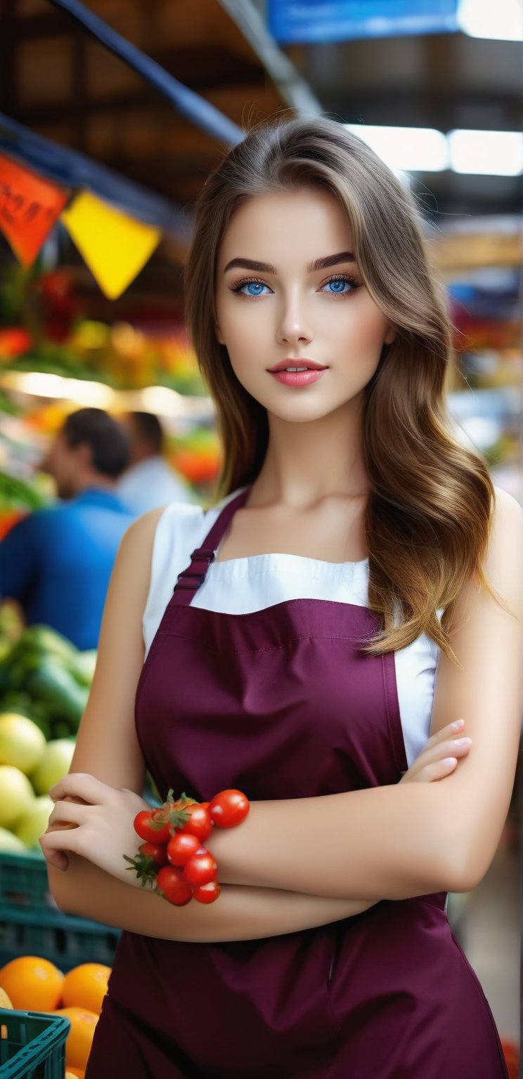 A very beautiful European woman, 17 years old, long hair, blue eyes, wearing a necklace and bracelet. She is wearing a clerk's apron. She is in a crowded vegetable market. He is a marketer in the vegetable and fruit market. He sells fruit. UHD resolution, detailed details, wide-angle shooting. Provocative look, wet lips, eager look of desire, very wide perspective angle