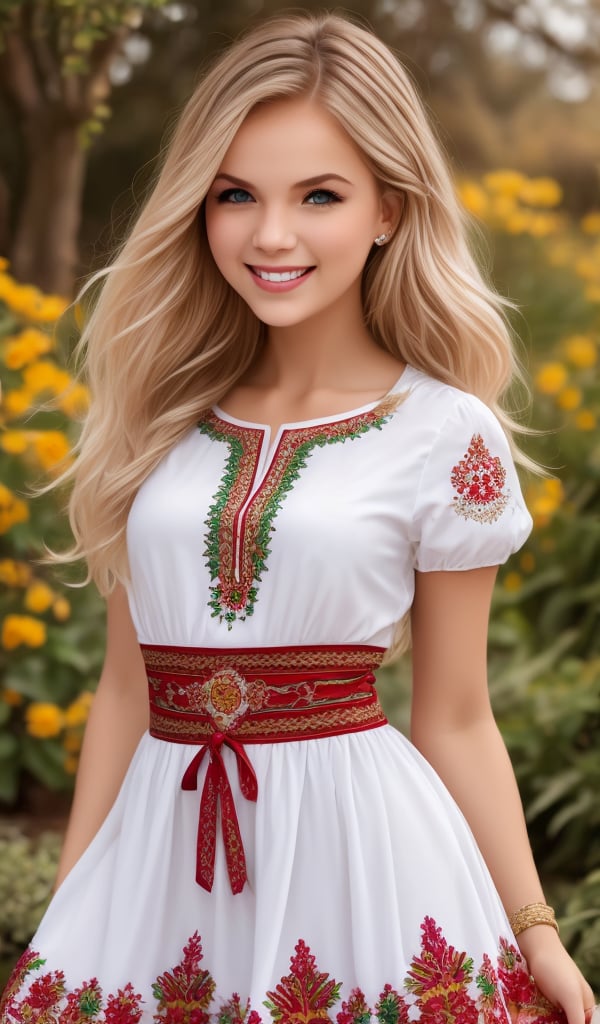 1girl, beautiful young woman, blonde, smiling, (in beautiful Ukrainian national costume embroidery ornament white, red, green), sunny day, botanical garden, realistic