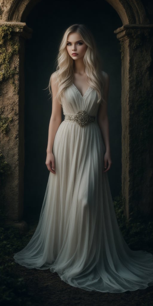  A mystical portrait of a 20-year-old woman: Framed by a dimly lit, eerie atmosphere, the subject stands out against a dark, moss-covered stone wall. Her long, flowing white hair, streaked with black growth, cascades down her back like a river of moonlight. Her porcelain-like skin glows softly in the faint light. She wears a flowing white and black ensemble that seems to blend with the shadows. Dark brown eyes, deep and mysterious, seem to hold secrets and stories untold, zaya, midjourney_whisper_avant_couture