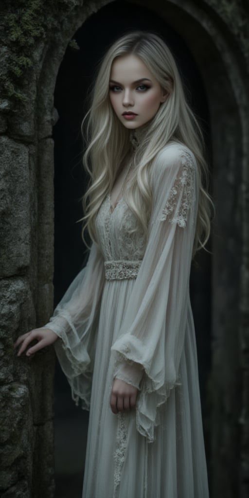  A mystical portrait of a 20-year-old woman: Framed by a dimly lit, eerie atmosphere, the subject stands out against a dark, moss-covered stone wall. Her long, flowing white hair, streaked with black growth, cascades down her back like a river of moonlight. Her porcelain-like skin glows softly in the faint light. She wears a flowing white and black ensemble that seems to blend with the shadows. Dark brown eyes, deep and mysterious, seem to hold secrets and stories untold, zaya, midjourney_whisper_avant_couture