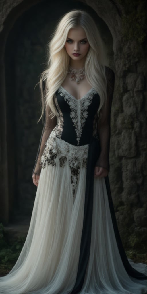  A mystical portrait of a 20-year-old woman: Framed by a dimly lit, eerie atmosphere, the subject stands out against a dark, moss-covered stone wall. Her long, flowing white hair, streaked with black growth, cascades down her back like a river of moonlight. Her porcelain-like skin glows softly in the faint light. She wears a flowing white and black ensemble that seems to blend with the shadows. Dark brown eyes, deep and mysterious, seem to hold secrets and stories untold, zaya, midjourney_whisper_avant_couture