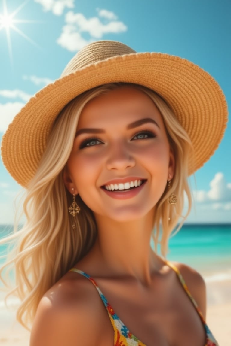 Photorealistic digital portrait of a charismatic person on a sun-drenched beach, hyper-detailed facial features, radiant smile with perfect teeth, eyes twinkling with joy, golden sun-kissed skin, wearing a stylish wide-brimmed straw hat, dangling bohemian earrings catching the light, backdrop of crystal-clear turquoise ocean meeting vibrant blue sky with wispy clouds, soft sand visible in foreground, lens flare, warm color grading, ultra high resolution, 8k, extreme detail, cinematic lighting, zaya