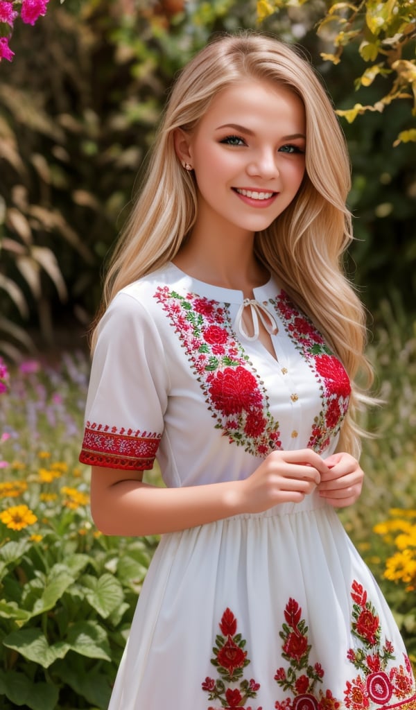 1girl, beautiful young woman, blonde, smiling, (in beautiful Ukrainian national costume embroidery ornament white, red, green), sunny day, botanical garden, realistic