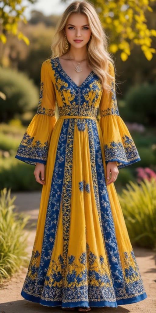 Beautiful young woman, blonde, wearing a beautiful blue and yellow long dress with embroidery ornament, model body pose, sunny day, botanical garden, zaya, midjourney_whisper_avant_couture