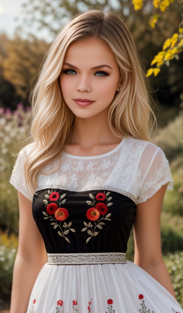 1 girl, Beautiful young woman, blonde, clear facial features, (dressed in a beautiful Ukrainian national long dress with embroidered ornaments black, red, white), sunny day, botanical garden, realistic