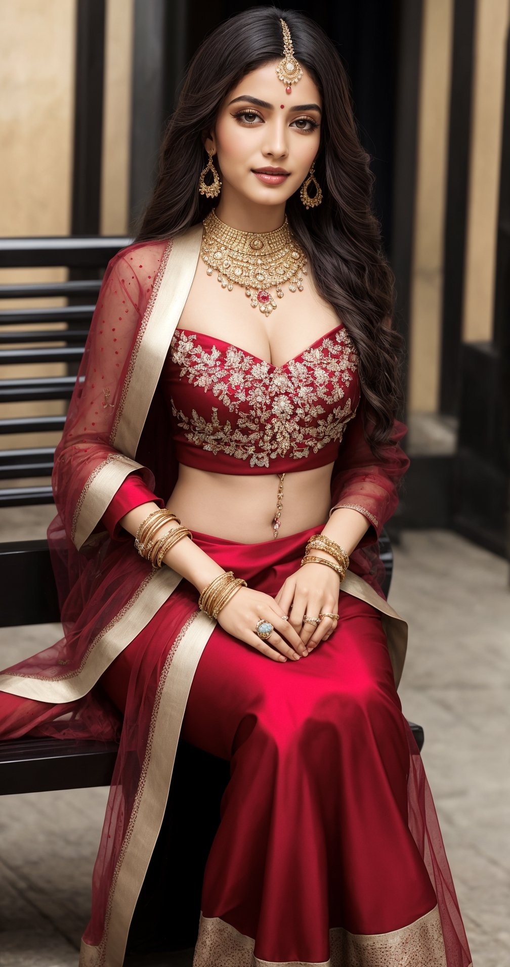 In a photorealistic masterpiece,27 years woman,  hot,  sexy,  indian,  model,  Instagram model,  influencer,  happy face, sharp jawline,  baby pink lips,  cute looking,  catty eyes,  best quality, full  body showing masterpiece,  beautiful and aesthetic,  behold the essence of a South Indian beauty, full Indian bride makeup, adorned in a  embroidering net saree , and a fragrant Mogra Gajra delicately entwined in her black, beautiful mehndi on hand, flowing tresses. She sitting on benches as a mesmerizing vision of elegance and grace, embodying the timeless allure of tradition, The intricate details of her skin, captured in high resolution, reveal the gentle pores and flawless complexion, as if painted with the finest strokes of an artist's brush. The sunlight of the sunset time gently leaks through the edges, casting a real soft glow on her figure, while the background is clear, creating a depth of field that accentuates her beauty, She walks near London Bridge, a harmonious fusion of cultures, embodying the spirit of global unity. Her alluring pose exudes seductive charm, while her absolute cleavage and jewellry add a touch of opulence and allure, mature women, mature body, mature breast, big boobs, enlarge breast, mature buts, enlarge buts, hot cleavage, sexy cleavage,In this photorealistic shot, every thread of the saree, every petal of the Mogra Gajra, full body sitting on bench, and every strand of her long black hair are finely detailed, capturing the essence of her being with impeccable precision, This shot, captured on a Sony a7 IV with a 135mm f1.8 lens, stands as a testament to the fusion of modern technology and timeless tradition, a celebration of the harmonious blend of past and present, As she looks back at the viewer, her eyes speak of a thousand stories, drawing us into her world of elegance and allure. In her full-body view, she exudes an enchanting aura, with a random pose that reflects the spontaneity of life's beauty, This portrayal captures the emotional essence of a South Indian beauty adorned in the finest saree, red_saree,  Full length view,  Straight brown hair with blunt bangs,  a beautiful indian women,  Pale skin,  icy eyeshadow,  gold necklace,  breast size 60,  Weast size 50, butts size 65 femme fatale, open full body showing full sexy body, wearing no Blouse to cover big boobs, hot sleeveless blouse, half covered breast by sexy bra, hot and sexy boobs, full body, where the richness of culture meets the marvels of technology, resulting in a work of art that touches the heart and soul,full body , :)