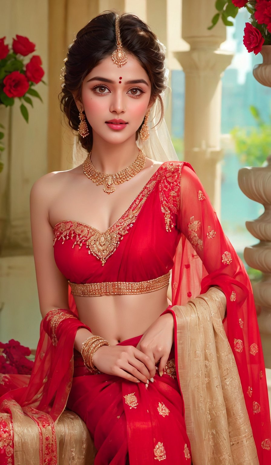 A glamorous and vivid portrait of a radiant Indian woman, draped in a vibrant red saree, tenderly resting on an ornate bed swathed in a cascade of red flowers and arranged into a heart shape. The heart is highlighted by a stunningly soft, ambient light source cast on the wall, casting the word 'LOVE' in delicate, shimmering letters. The intricate details of the woman's delicate features and the beautiful embroidery on her saree create a stunning fashion & design statement in this realistic and highly detailed image.