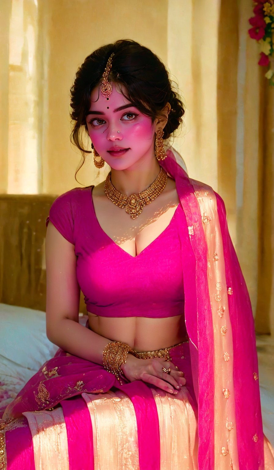 A glamorous and vivid portrait of a radiant Indian woman, draped in a vibrant red saree, tenderly resting on an ornate bed swathed in a cascade of red flowers and arranged into a heart shape. The heart is highlighted by a stunningly soft, ambient light source cast on the wall, casting the word 'LOVE' in delicate, shimmering letters. The intricate details of the woman's delicate features and the beautiful embroidery on her saree create a stunning fashion & design statement in this realistic and highly detailed image.