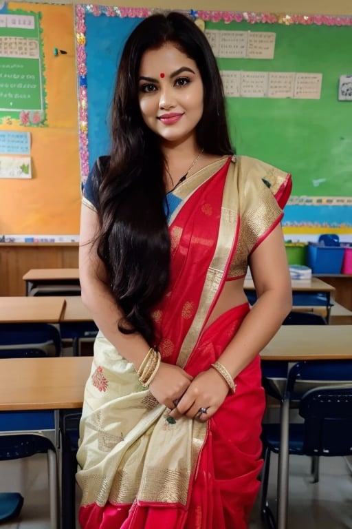 beautiful female teacher, 38 years old,teaching in a indian school, long black_hair, colorful hair, warm, dacing , like teacher, 