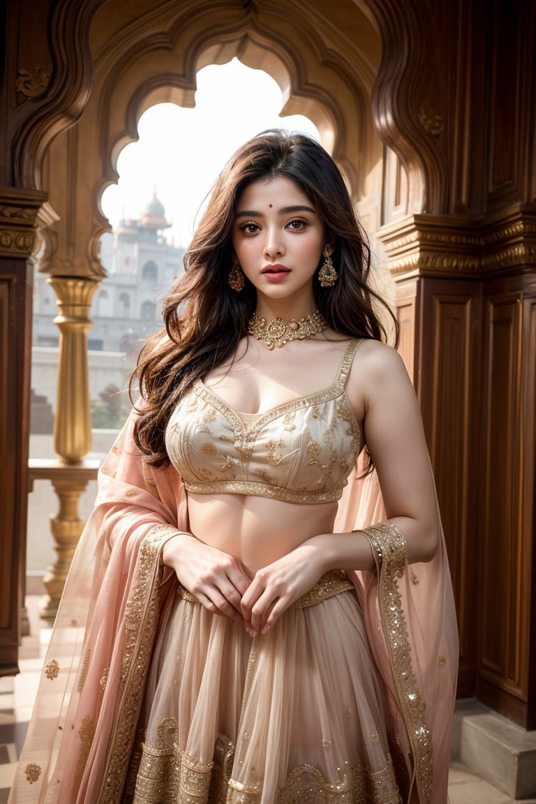 A grand, ornate palace with intricate stone carvings and lush greenery surrounds the majestic Bollywood actress, resplendent in a shimmering golden lehenga that catches the warm, soft light of sunset. Her regal pose is framed by ornate archways and lavish drapes, as she showcases her stunning ornate jewelry adorning her neck and hands, exuding confidence and elegance.