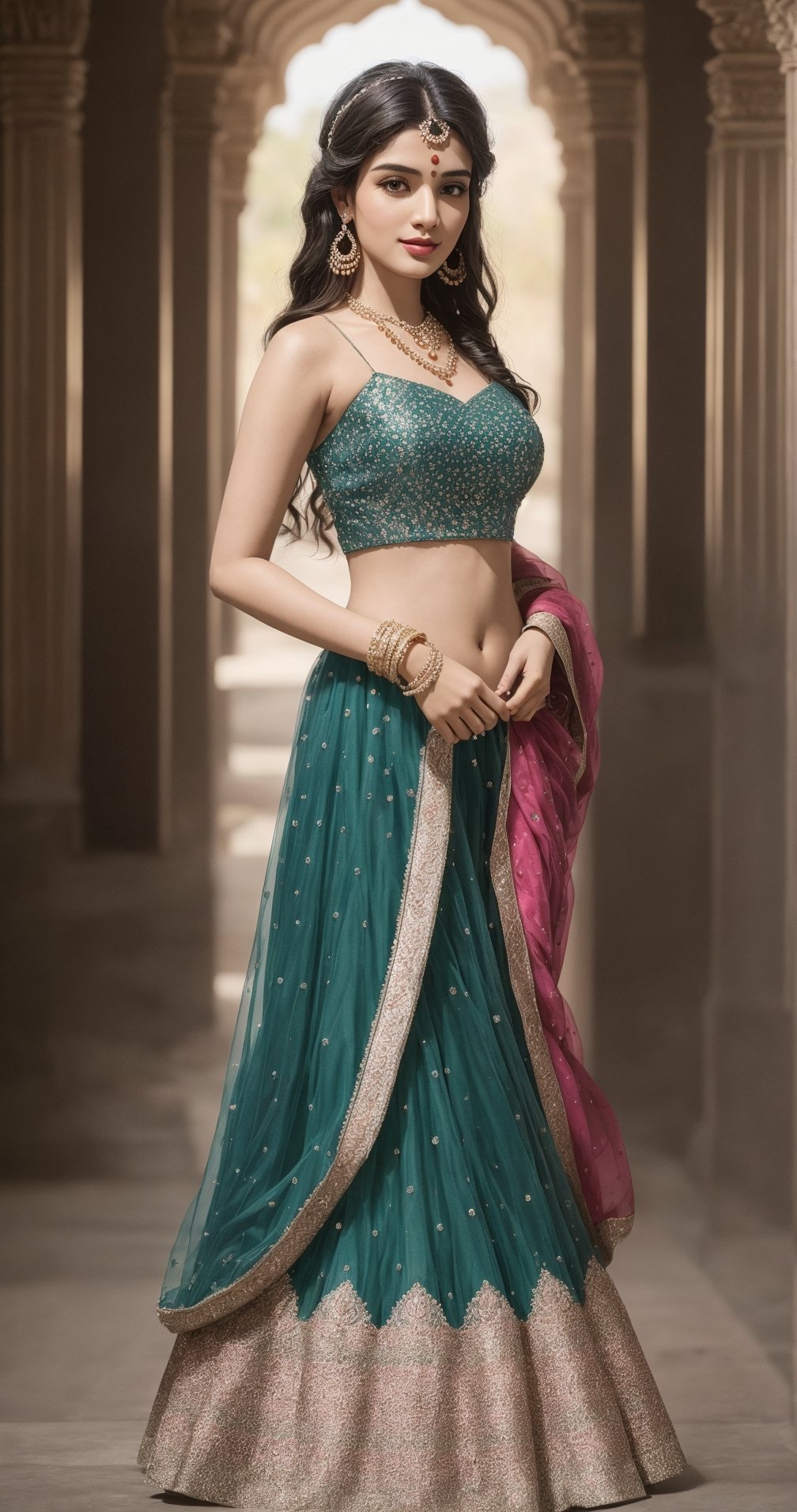 In a photorealistic masterpiece,24 years woman,  hot,  sexy,  indian,  model,  Instagram model,  influencer,  happy face, sharp jawline,  baby pink lips,  cute looking,  catty eyes,  best quality, full  body showing masterpiece with  Embroidered Semi Stitched Lehenga Choli (Green),  beautiful and aesthetic,  behold the essence of a South Indian beauty, adorned in a traditional Embroidered Semi Stitched Lehenga Choli (Green) graced with a golden pearl strip, and flowing tresses. She standing as a mesmerizing vision of elegance and grace, embodying the timeless allure of tradition, The intricate details of her skin, captured in high resolution, reveal the gentle pores and flawless complexion, as if painted with the finest strokes of an artist's brush. The sunlight of the sunset time gently leaks through the edges, casting a soft glow on her figure, while the background fully clear creating a depth of field that accentuates her beauty, She standing near Indian fort, a harmonious fusion of cultures, embodying the spirit of global unity. Her alluring pose exudes seductive charm, while her absolute sleeveless cleavage and full body jewellry add a touch of opulence and allure, mature girl, mature body, mature breast, big boobs, enlarge breast, mature buts, enlarge buts, hot sleeveless cleavage, sexy cleavage,In this photorealistic shot, every thread of the lehanga choli,  full body standing up in fort, and every strand of her long black hair are finely detailed, capturing the essence of her being with impeccable precision, This shot, captured on a Sony a7 IV with a 135mm f1.8 lens, stands as a testament to the fusion of modern technology and timeless tradition, a celebration of the harmonious blend of past and present, As she looks back at the viewer, her eyes speak of a thousand stories, drawing us into her world of elegance and allure. In her full-body view, she exudes an enchanting aura, with a random pose that reflects the spontaneity of life's beauty, This portrayal captures the emotional essence of Indian beauty adorned in the finest Embroidered Semi Stitched Lehenga Choli (Green), Embroidered Semi Stitched Lehenga Choli (Green) Full length view,  Straight brown hair,  a beautiful indian girl,  Pale skin,  icy eyeshadow,  gold necklace,  breast size 55,  Weast size 45, butts size 50 femme fatale, showing full sexy body, wearing sleeveless Blouse ,full body, indian,indian women,indian young women, pale white clear skin,beautiful women,,age 24, ultra realistic,detailed face,full body, normal faces, vivid detail, bright sunshine on body, young mature, fellatio, hetero, perfect body, big breast, puffy nipples, where the richness of culture meets the marvels of technology, resulting in a work of art that touches the heart and soul,full body, shapely body, hot body, big breast, milkey boobs, big buts, looks beautiful in Embroidered Semi Stitched Lehenga Choli (pink),sexy side view:)